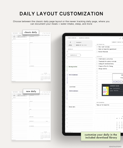 Choose between the classic daily page layout or the newer tracking daily page, where you can document your meals and water intake, sleep, and more.