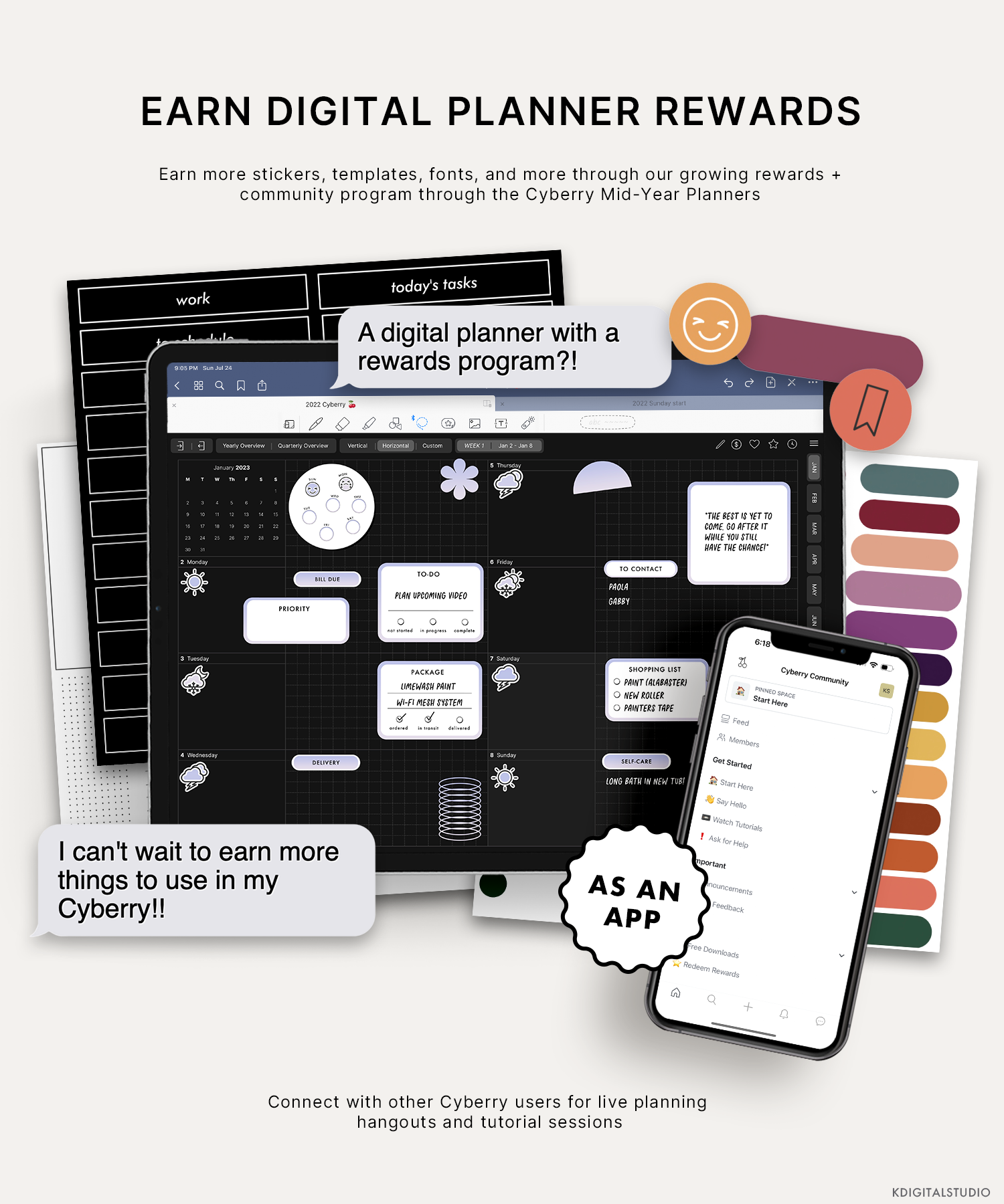 Earn more stickers, templates, fonts, and more through our growing rewards and community program via the Cyberry Mid-Year Digital Planners.