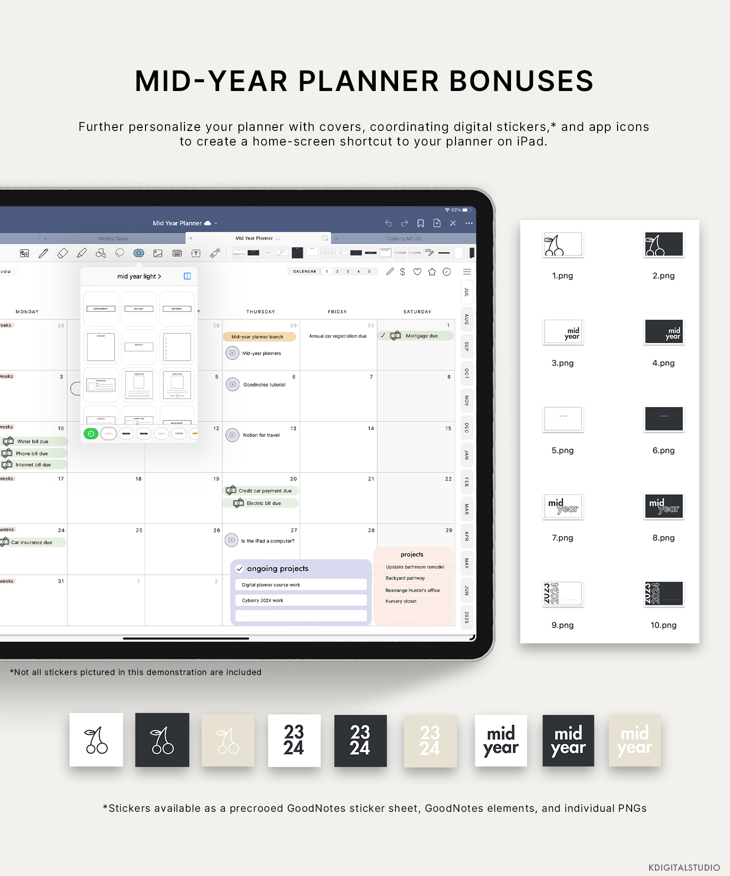 Further personalize your planner with covers, coordinating digital stickers, and app icons to create a home-screen shortcut to your planner on iPad.