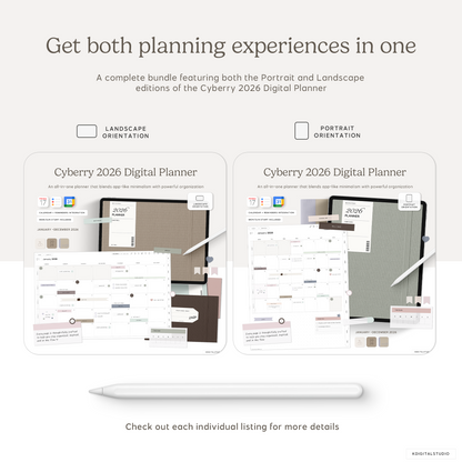 Two digital planner interfaces for landscape and portrait orientations on a white background.