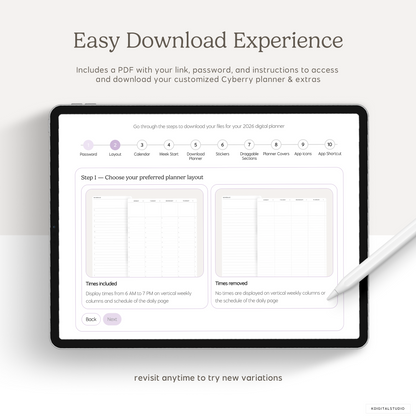Digital planner interface on a tablet with text about easy download experience.