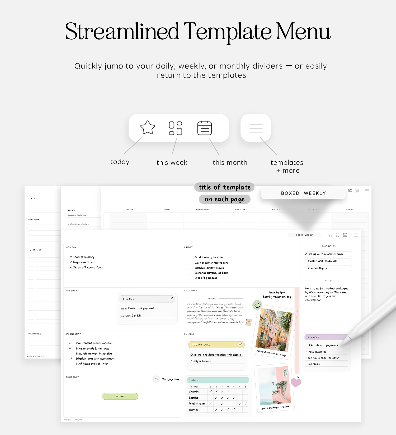 streamlined template menu in cyberry essentials planner