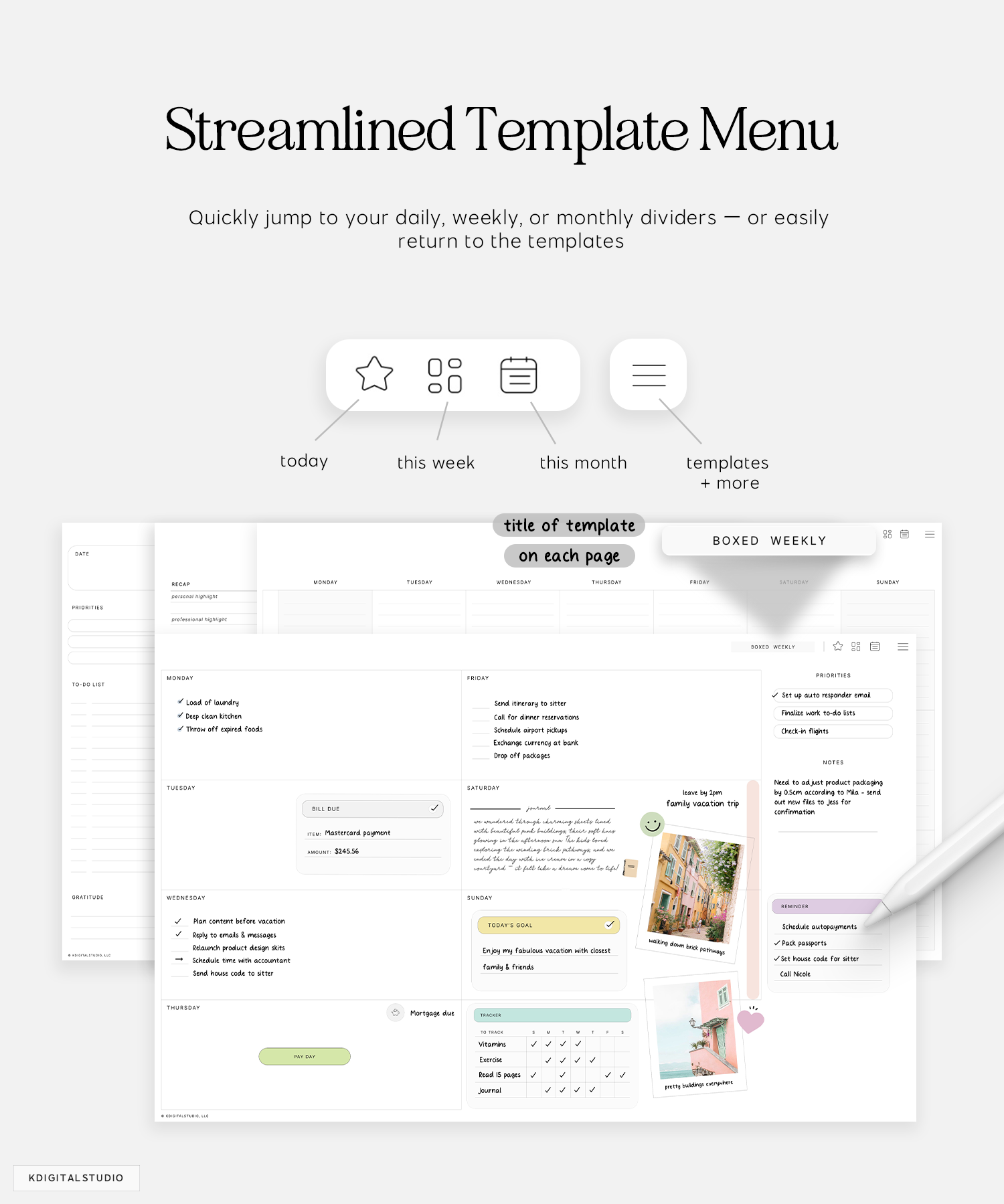 streamlined template menu in cyberry essentials planner