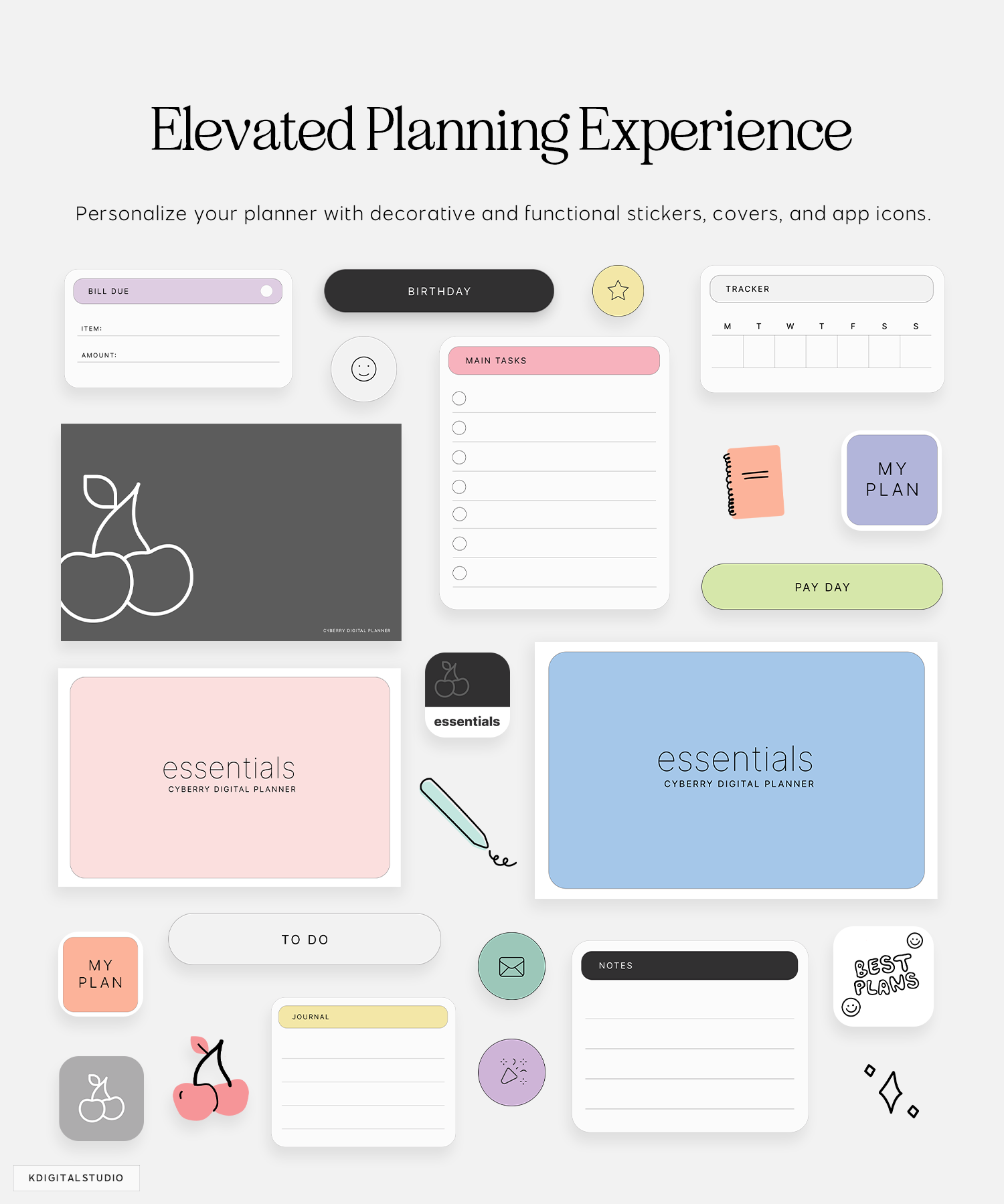 digital stickers, planner covers, and app icons for cyberry essentials planner