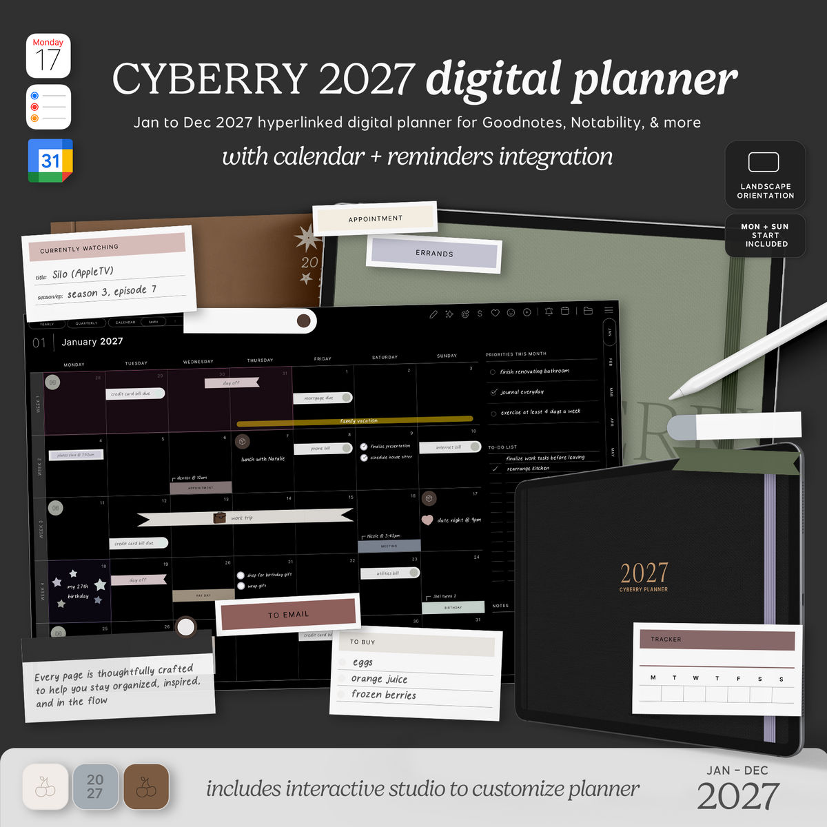 Cyberry 2027 Digital Planner in Landscape (Dark Mode) KDigitalStudio
