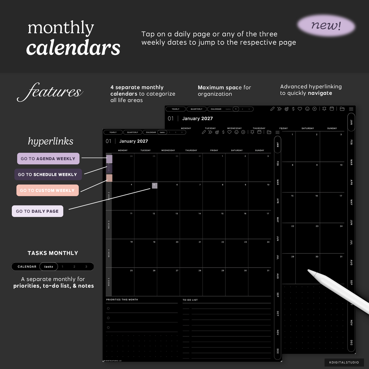 Cyberry 2027 Digital Planner in Portrait (Dark Mode) KDigitalStudio
