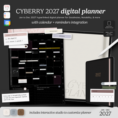 Digital planner preview for CYBERRY 2027, showing a black planner cover with gold text, a monthly calendar layout, sticky notes, a stylus, and interface thumbnails on a dark charcoal background.