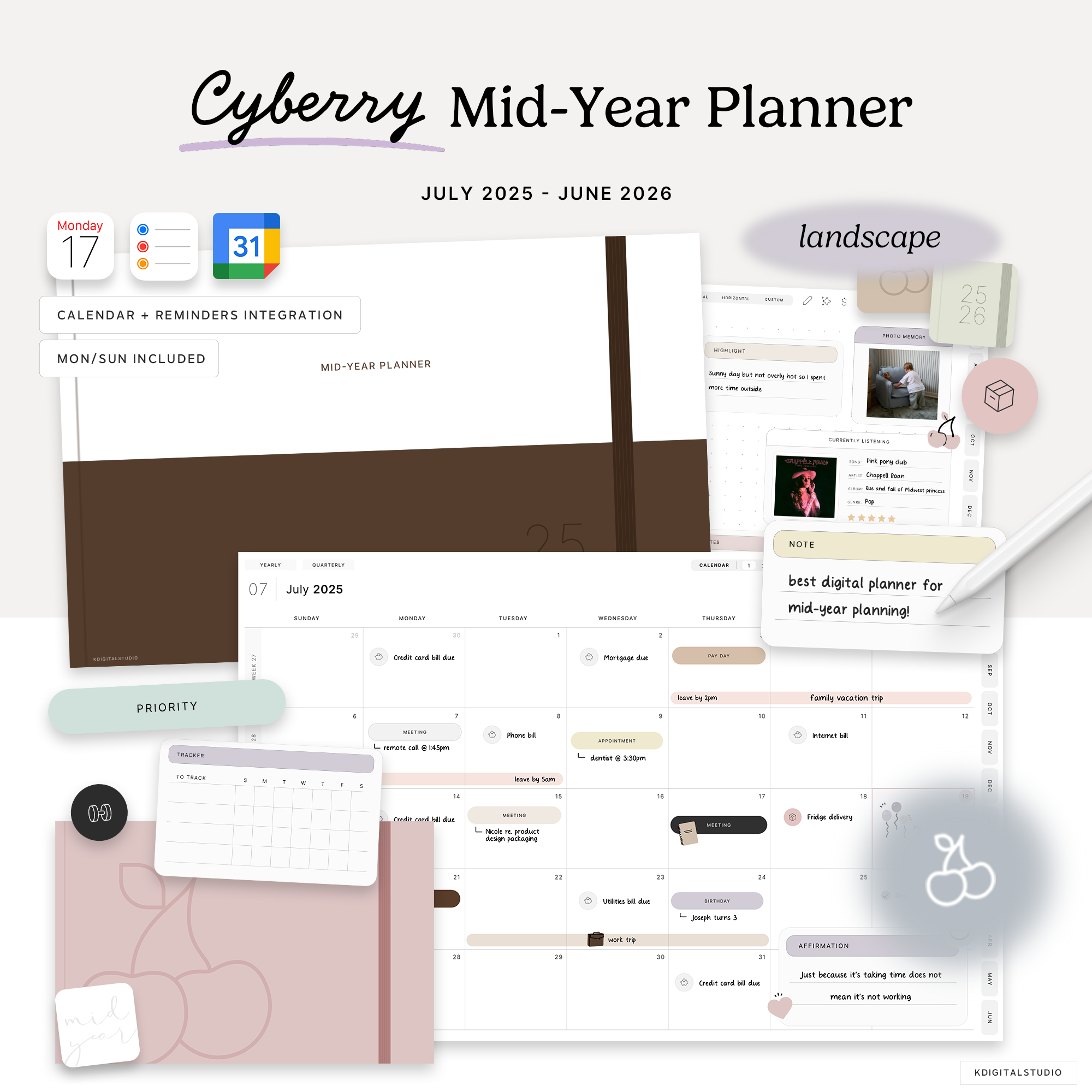 the cyberry mid year digital planner for july 2025 to june 2026