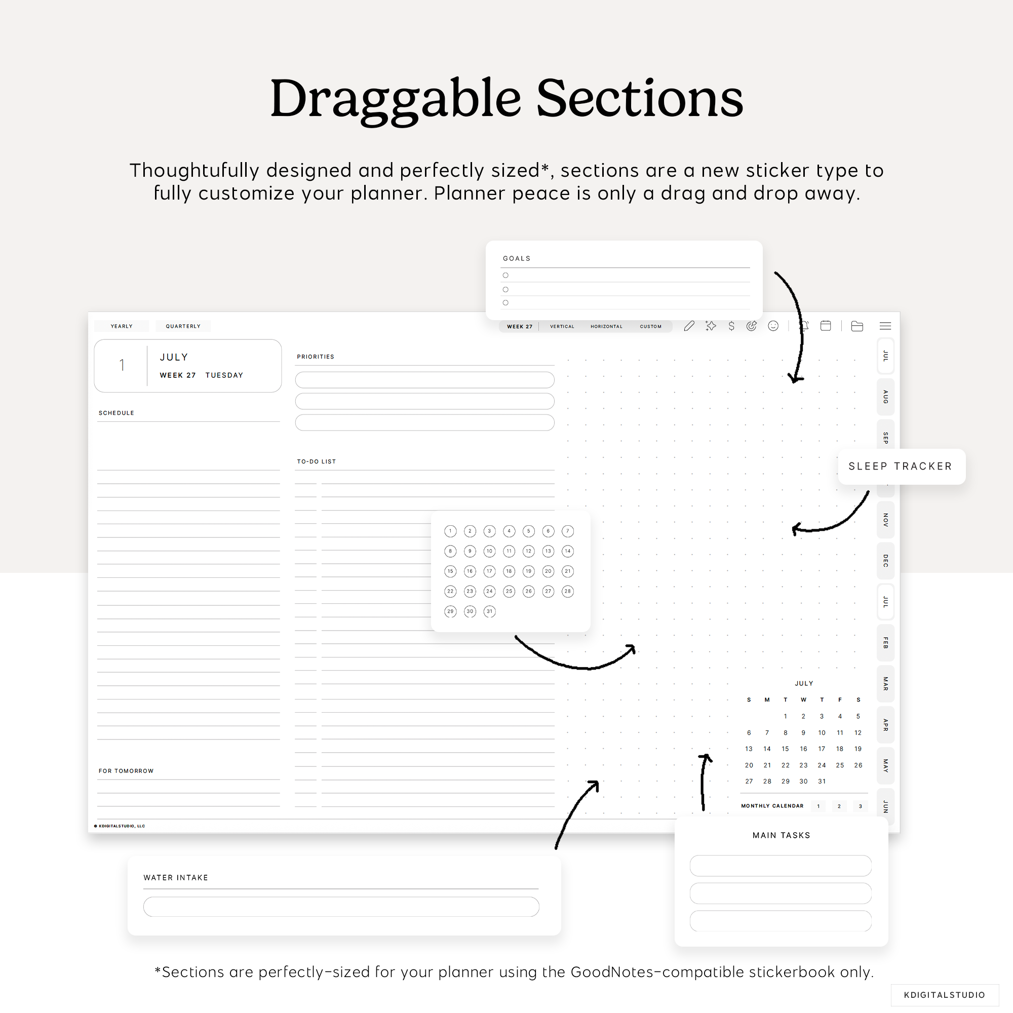 draggable sections stickers for the cyberry digital planner