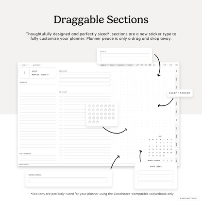 draggable sections stickers for the cyberry digital planner