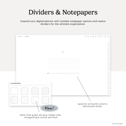 built-in dividers and notebook inside the digital planner