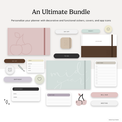 the ultimate bundle of stickers, planner covers, and app icons are included with the cyberry  digital planner