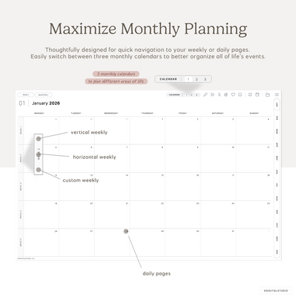 Easily switch between three monthly calendars in Cyberry 2026 digital planner