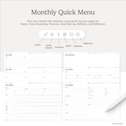 Monthly quick menu planner with sections for notes, vision board, finances, goal setting, wellness, and reflection