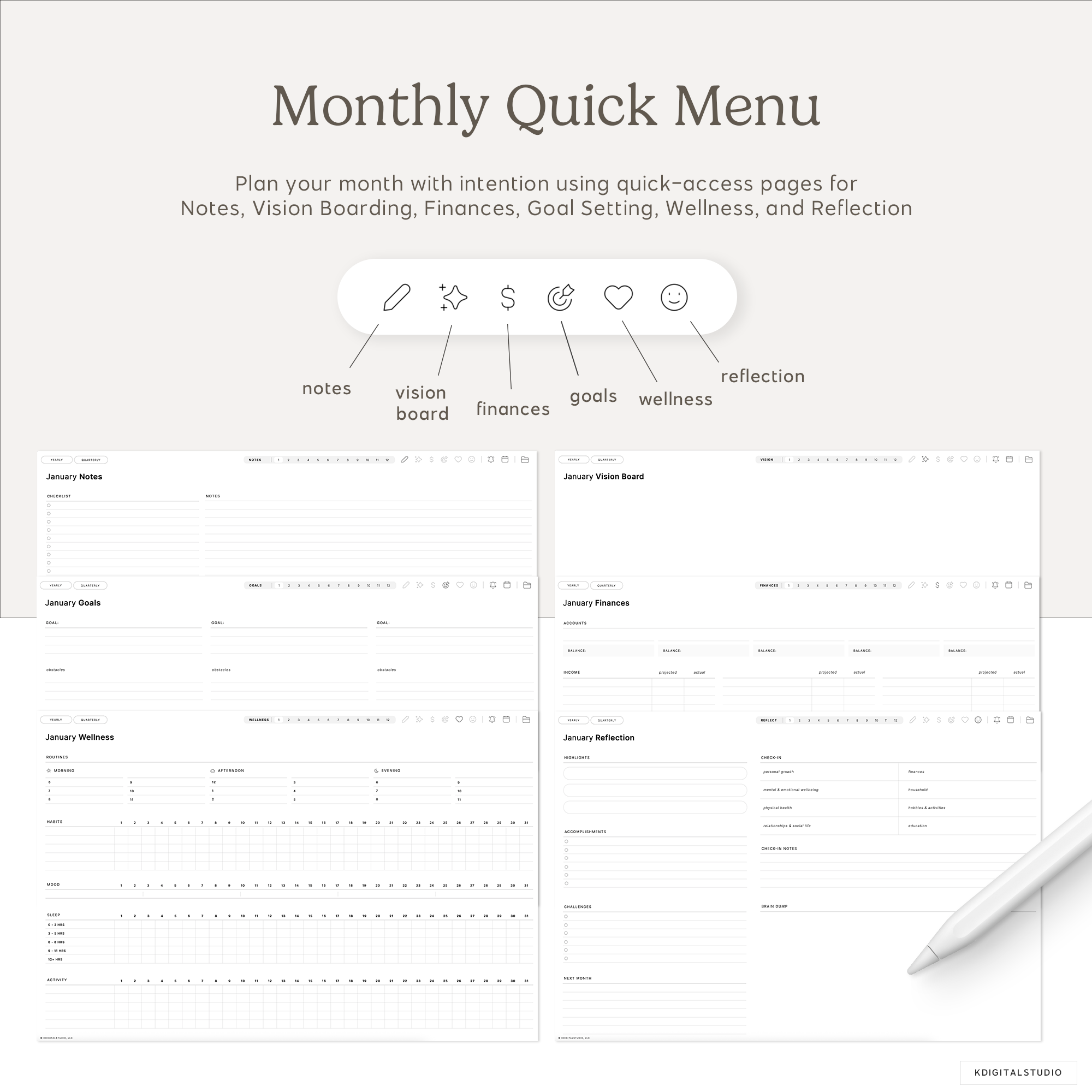 Monthly quick menu planner with sections for notes, vision board, finances, goal setting, wellness, and reflection