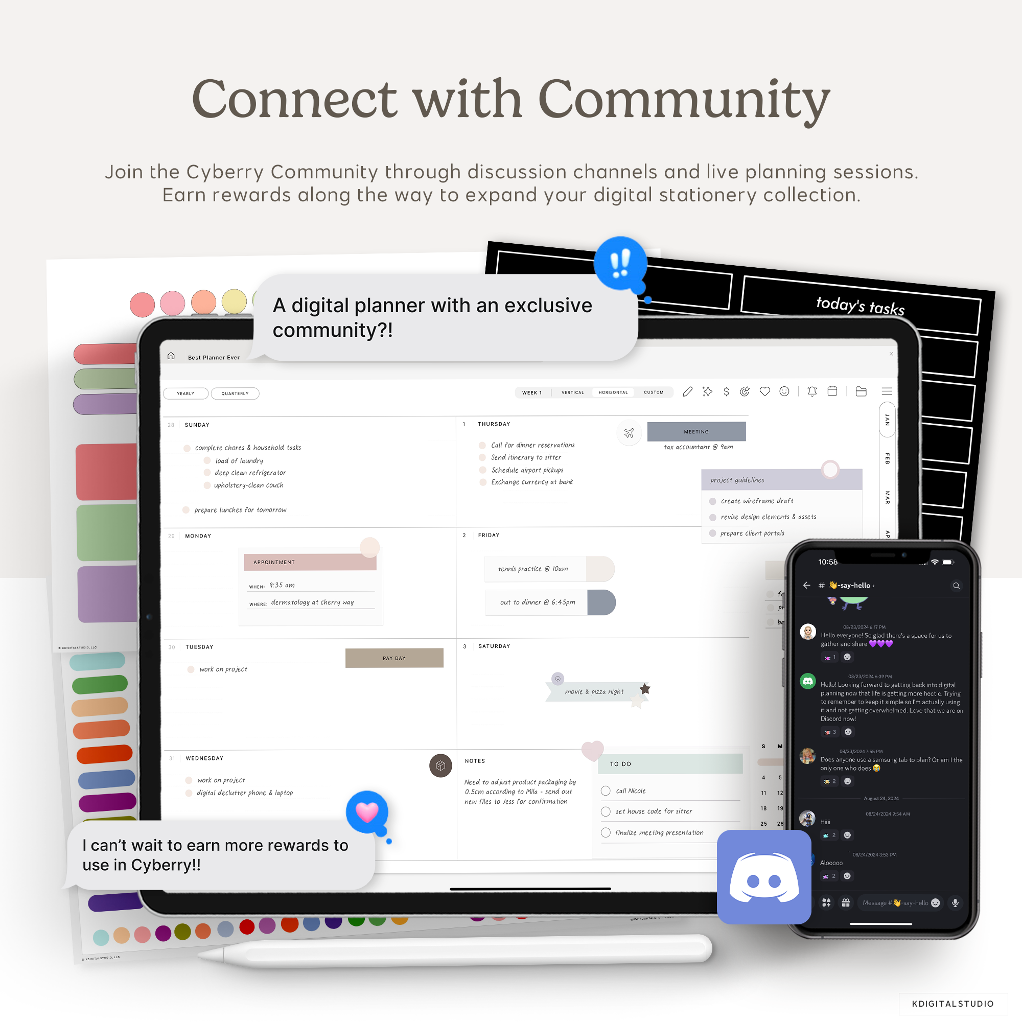 Digital planner with smartphone showing the digital planning Cyberry Community app