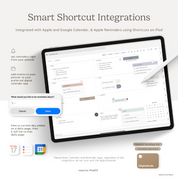 Smart Shortcut Integrations on a tablet with a stylus, featuring Apple and Google Calendar integration.