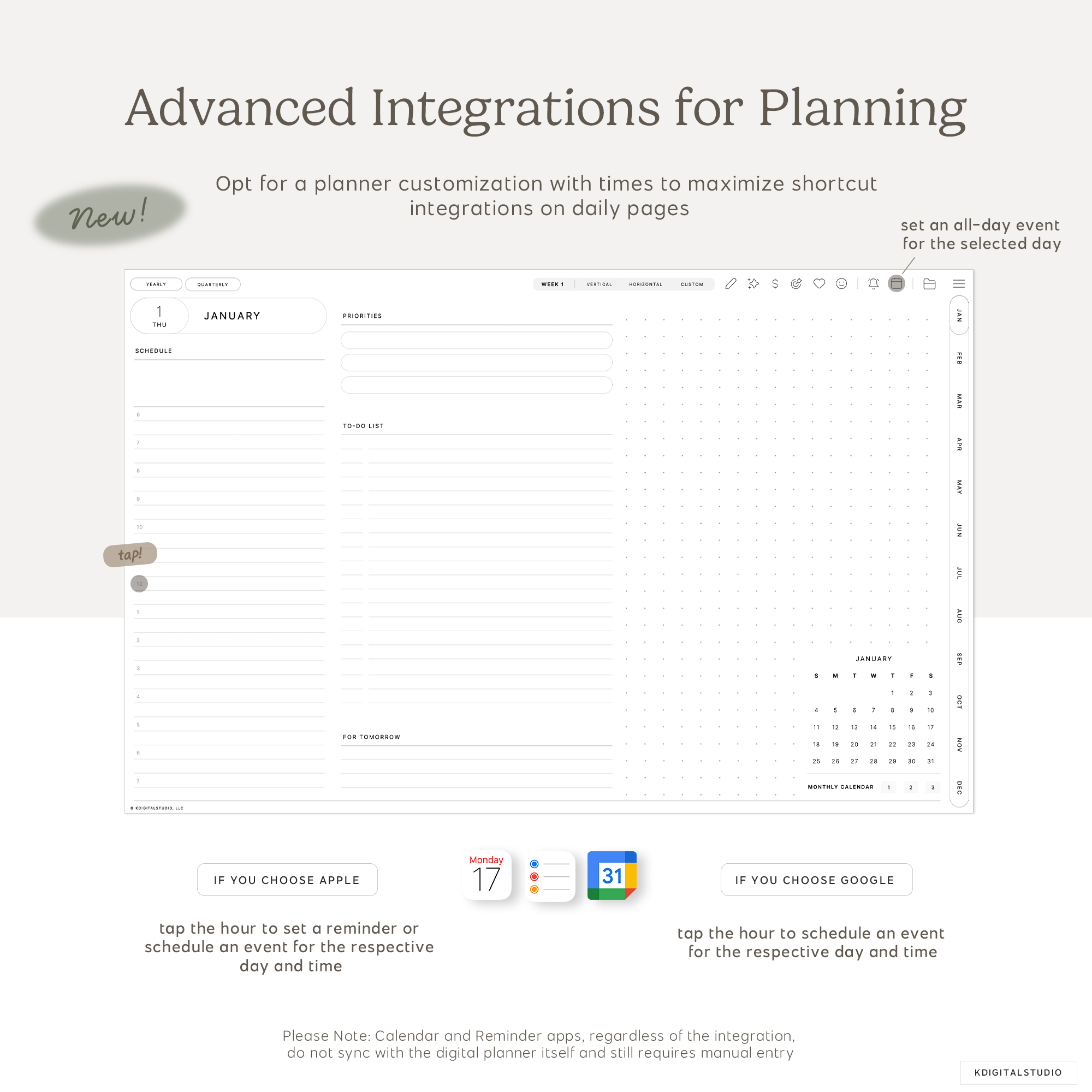 Calendar application interface with integration options on a white background