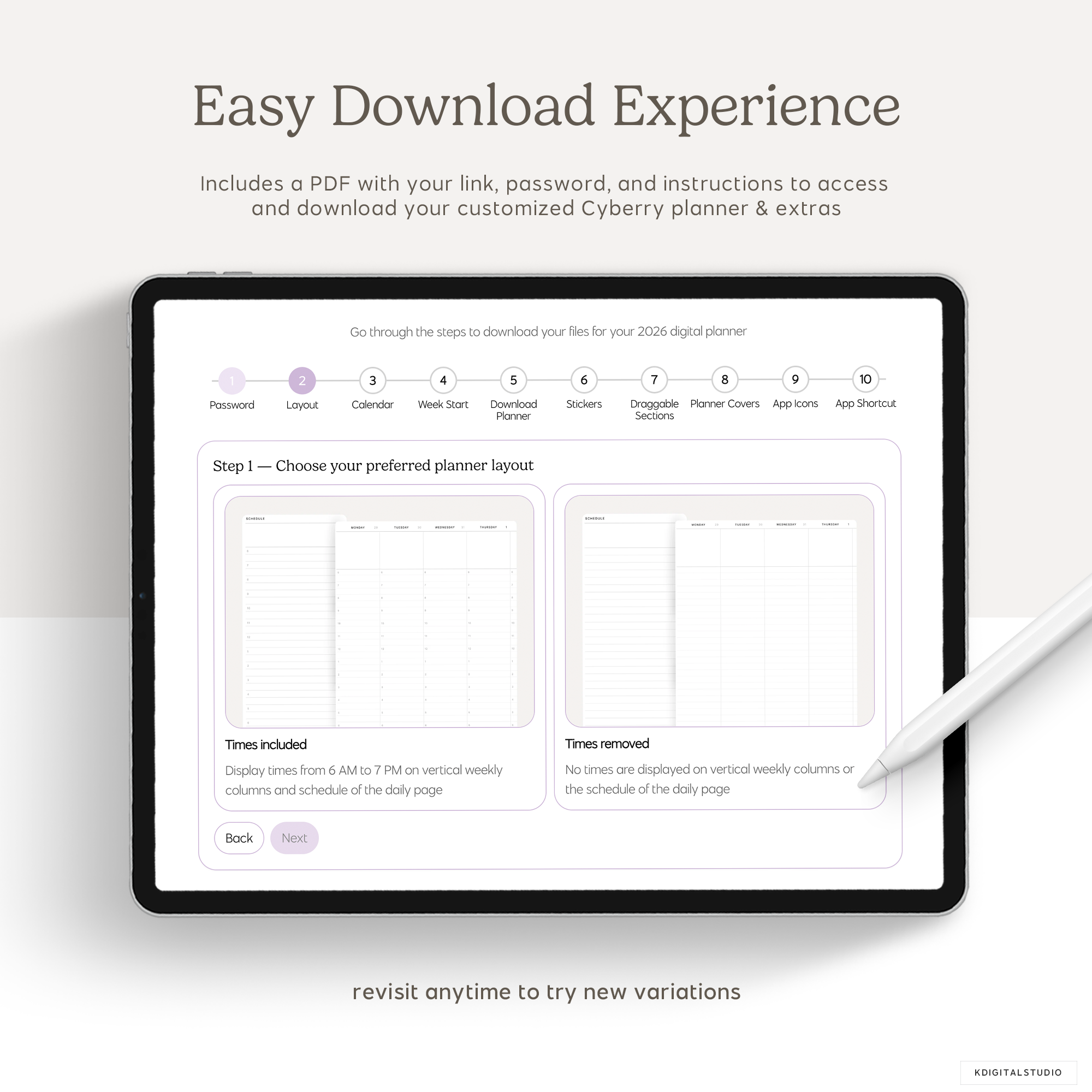 Digital planner interface on a tablet with text about easy download experience.