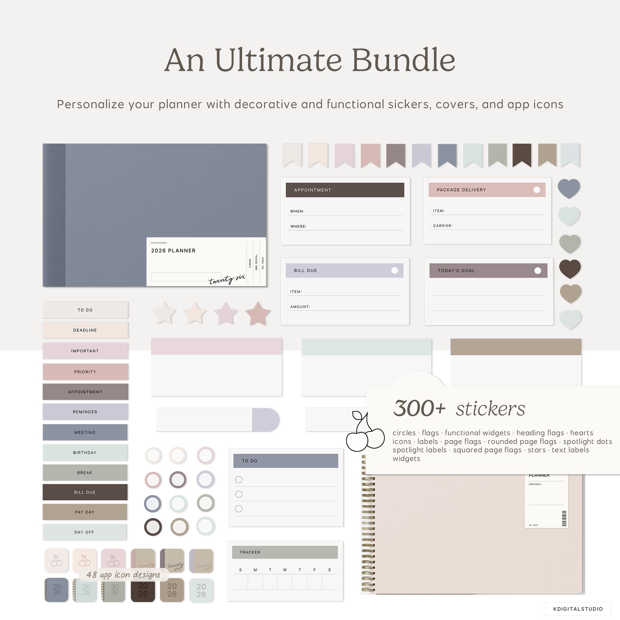 Collection of planner stickers and app icons with text 'An Ultimate Bundle' on a white background.