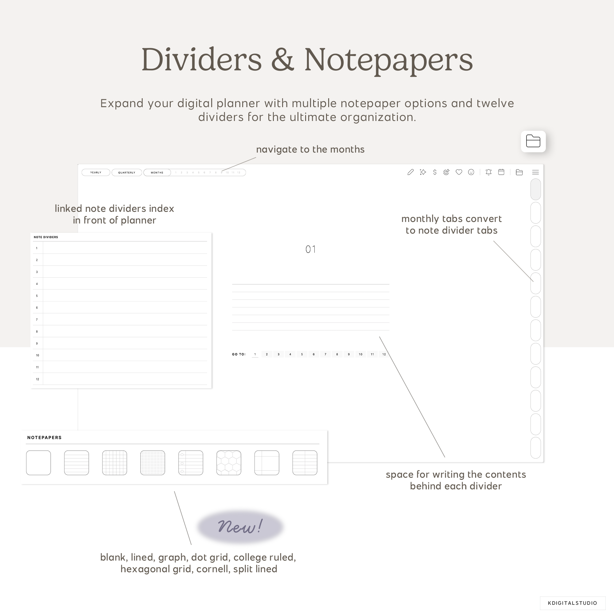 Expand your digital planner with multiple notepaper options and twelve dividers for the ultimate organization experience