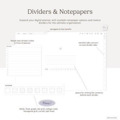 Expand your digital planner with multiple notepaper options and twelve dividers for the ultimate organization experience