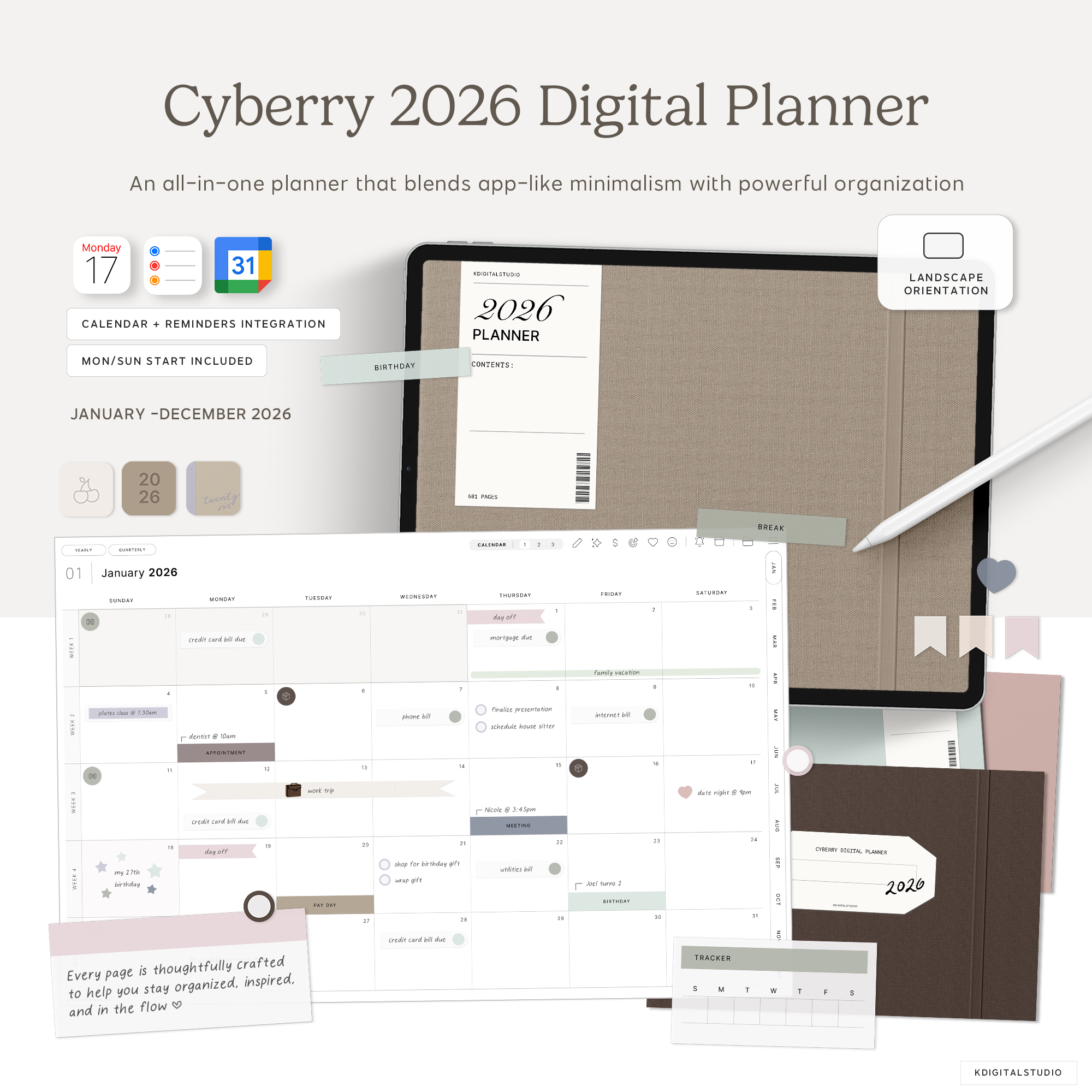 Cyberry 2026 Digital Planner in landscape is an all-in-one planner that blends app-like minimalism with powerful organization