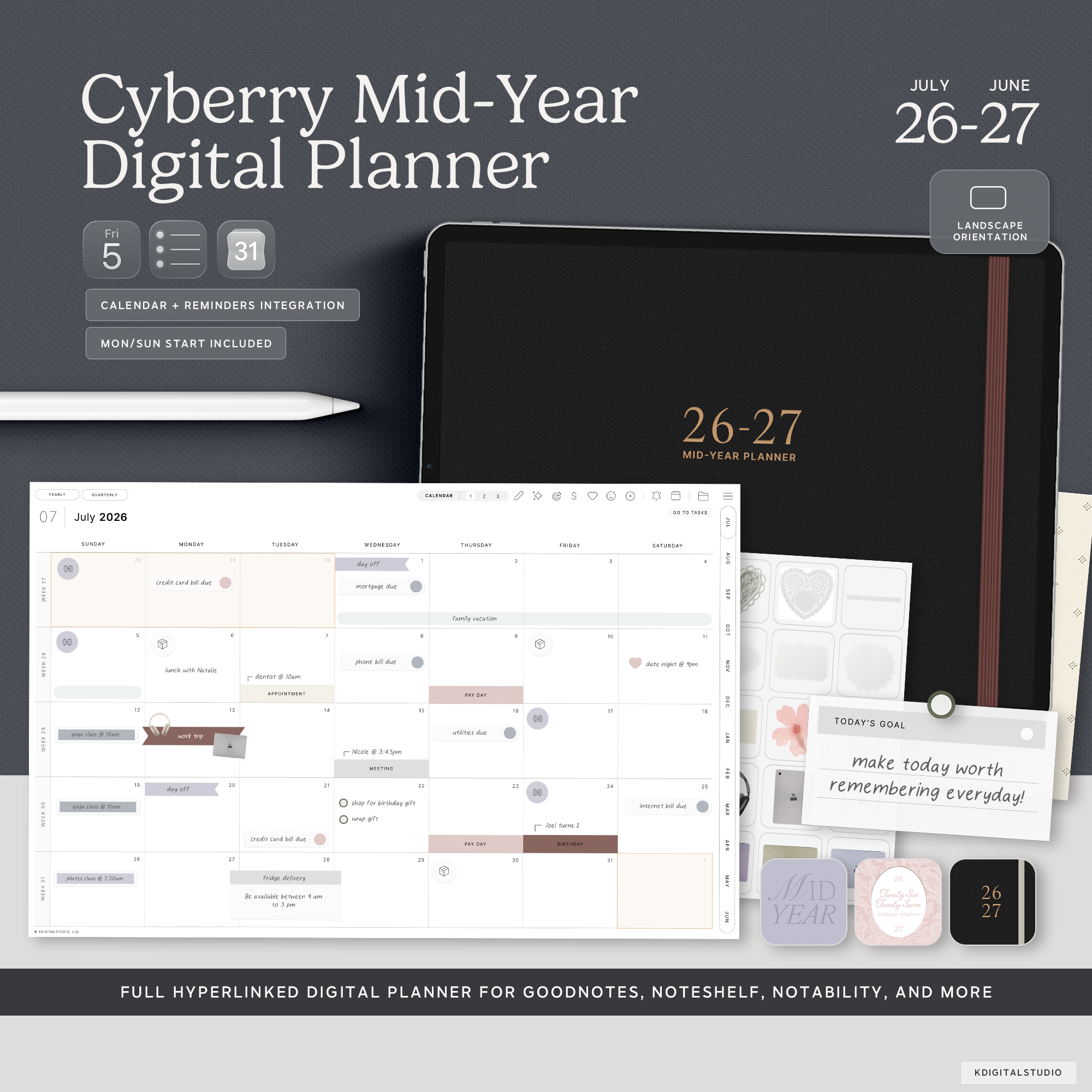 Cyberry Mid-Year Digital Planner in Landscape (2027-2027) KDigitalStudio