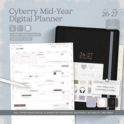 Cyberry Mid-Year Digital Planner in Portrait (2026-2027)