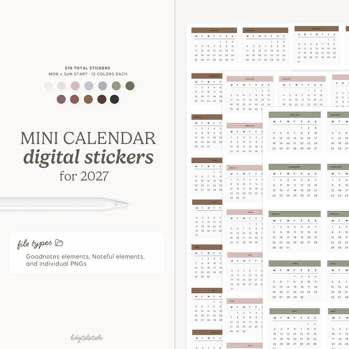 2027 Mini Calendars Digital Stickers KDigitalStudio