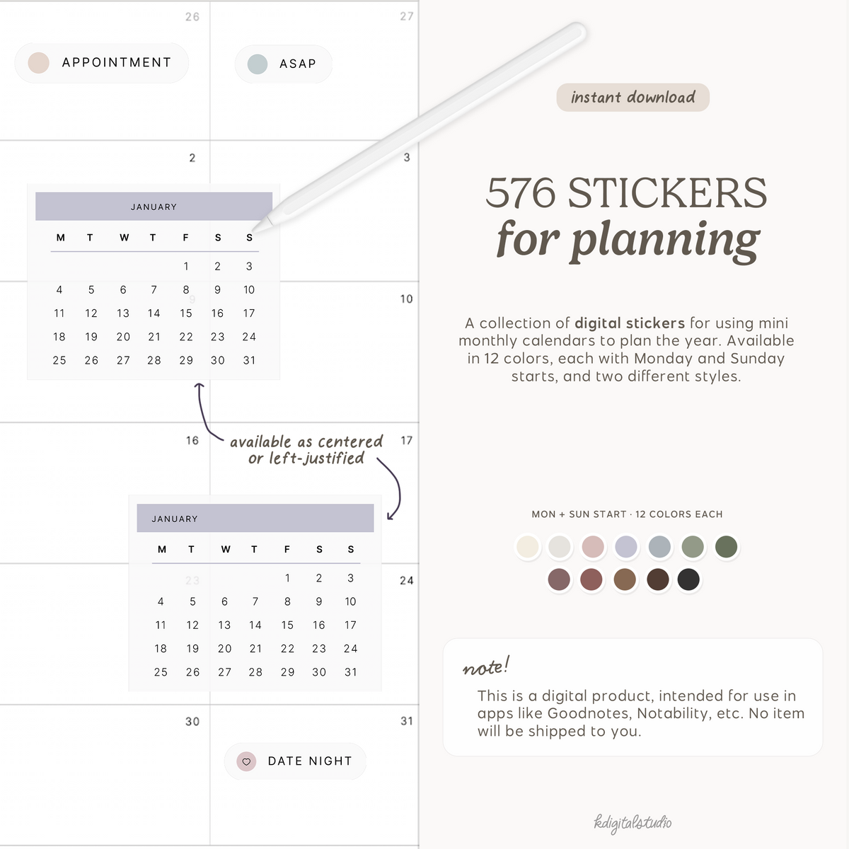 2027 Mini Calendars Digital Stickers KDigitalStudio
