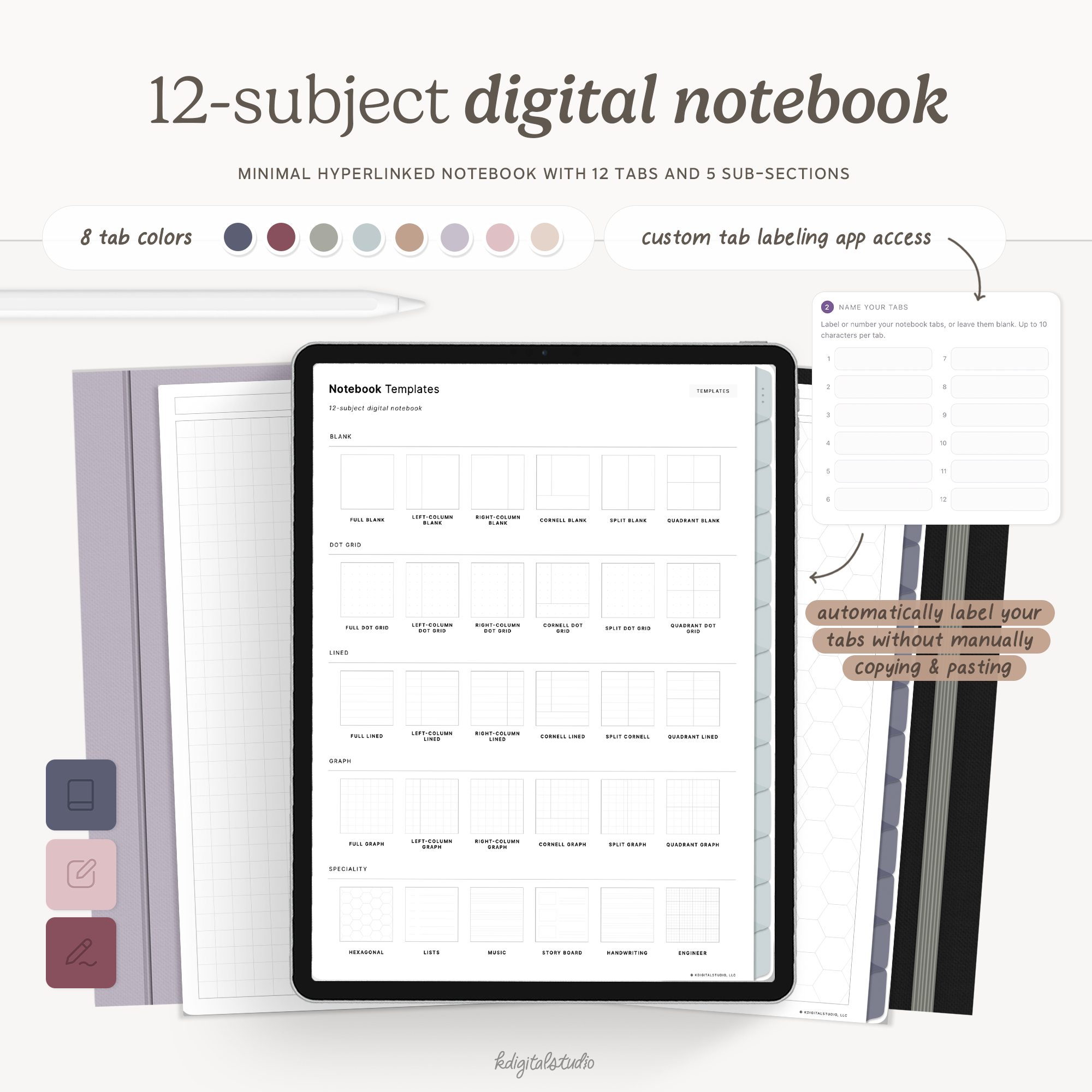 12-Subject Digital Notebooks with Tab Customizer KDigitalStudio