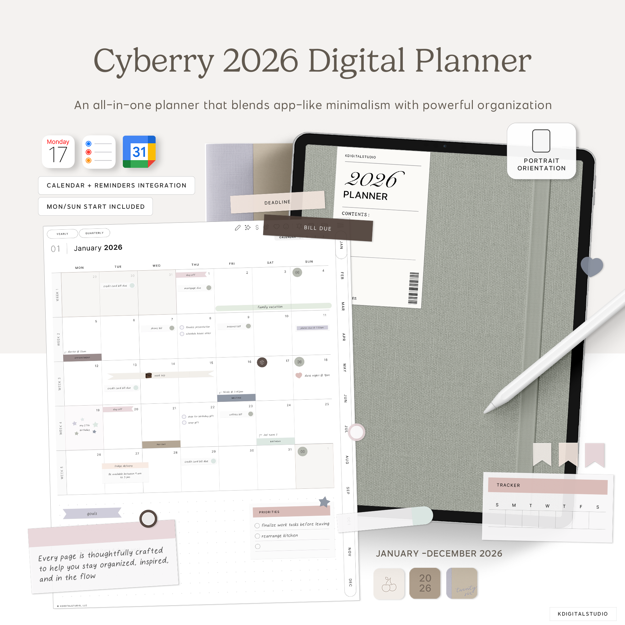 Cyberry 2026 Digital Planner in Portrait