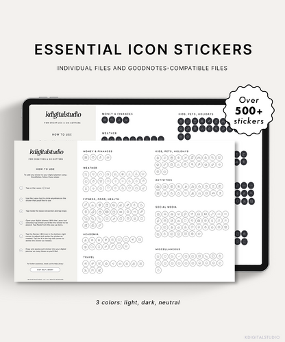 The essential icons stickers are meant for use in a digital planner inside apps like GoodNotes. The icon stickers come in white, black, and beige.