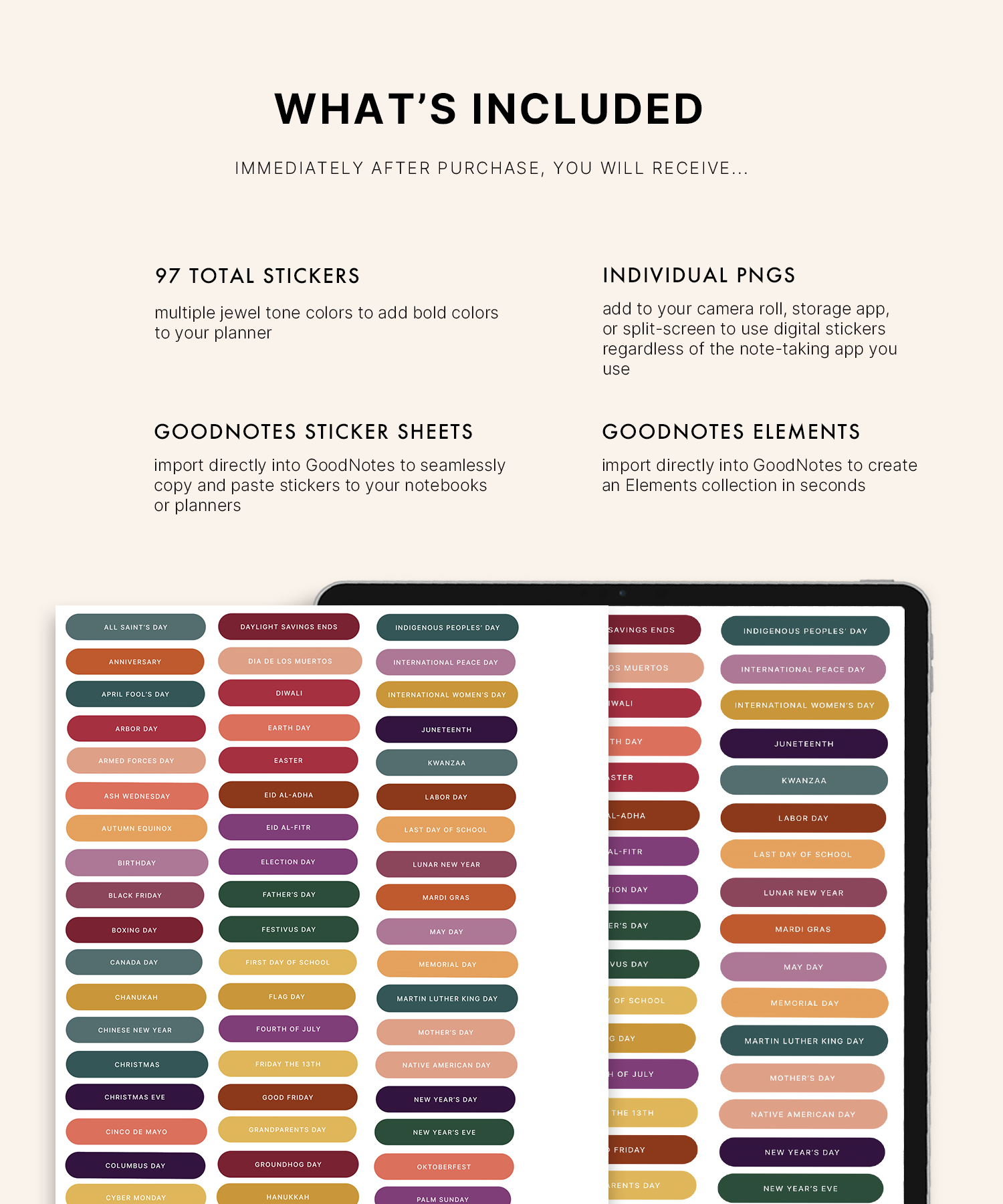 Principales días festivos y eventos (tonos joya) Pegatinas digitales