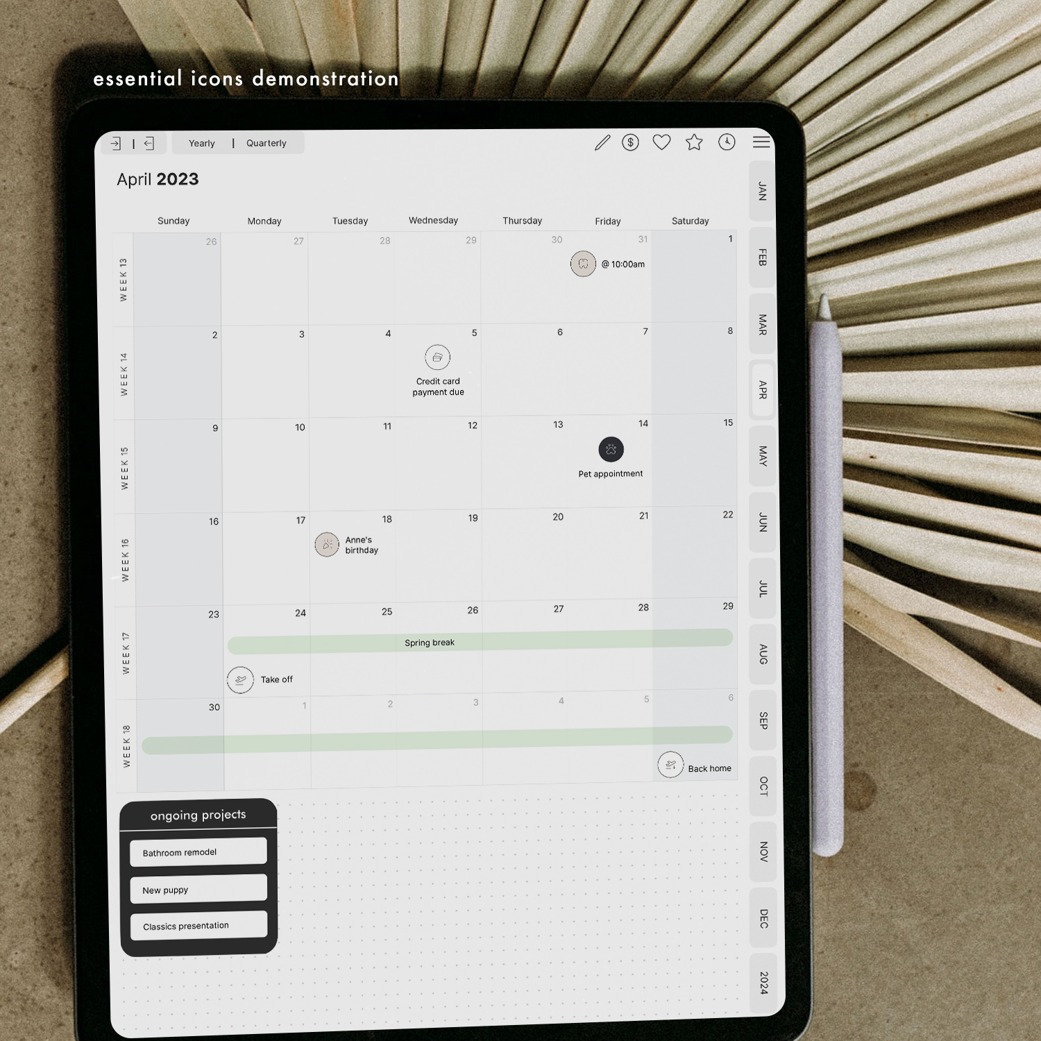 The essential icons stickers are meant for use in a digital planner inside apps like GoodNotes. The icon stickers come in white, black, and beige. Icons can be used in place of recurring tasks or to add flair to any digital planner.
