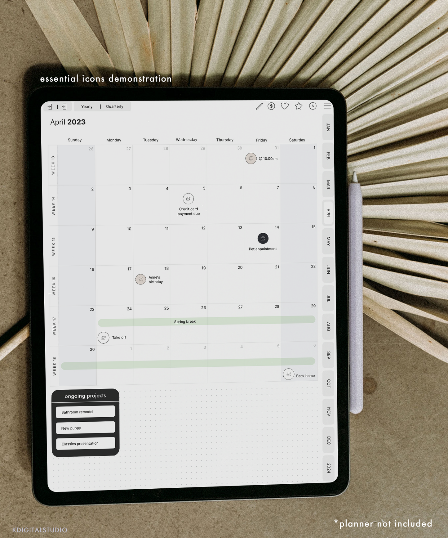 The essential icons stickers are meant for use in a digital planner inside apps like GoodNotes. The icon stickers come in white, black, and beige. Icons can be used in place of recurring tasks or to add flair to any digital planner.