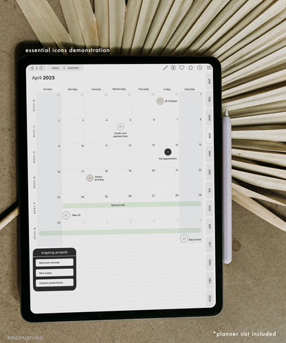 The essential icons stickers are meant for use in a digital planner inside apps like GoodNotes. The icon stickers come in white, black, and beige. Icons can be used in place of recurring tasks or to add flair to any digital planner.