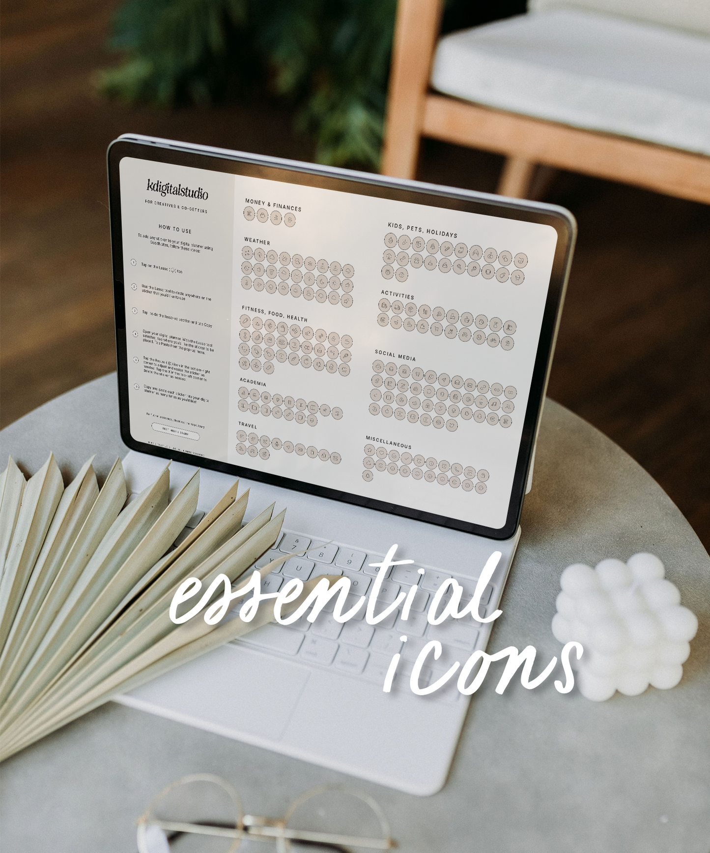 The essential icons stickers are meant for use in a digital planner inside apps like GoodNotes. The icon stickers come in white, black, and beige.