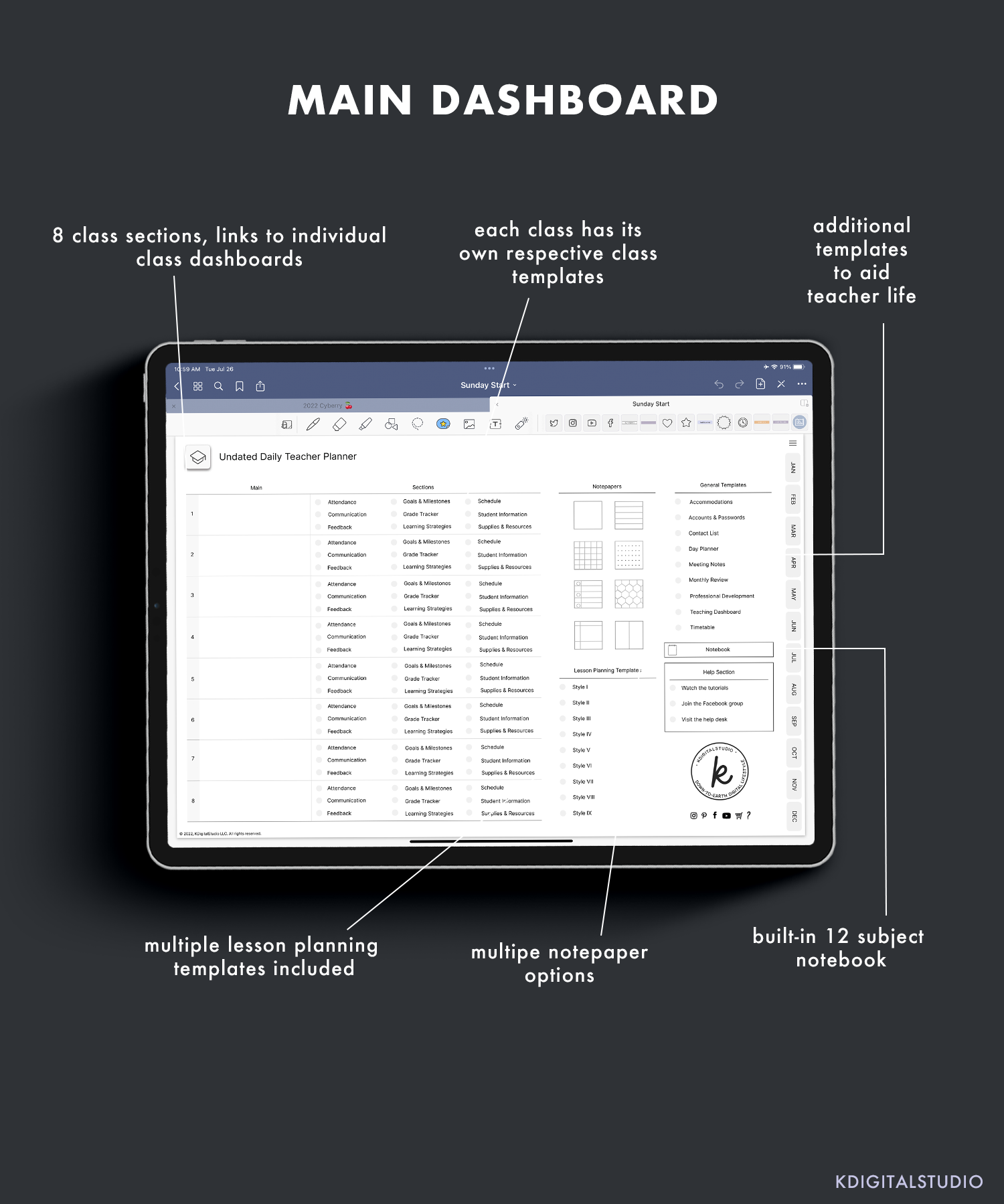 Planificador digital diario para profesores sin fecha